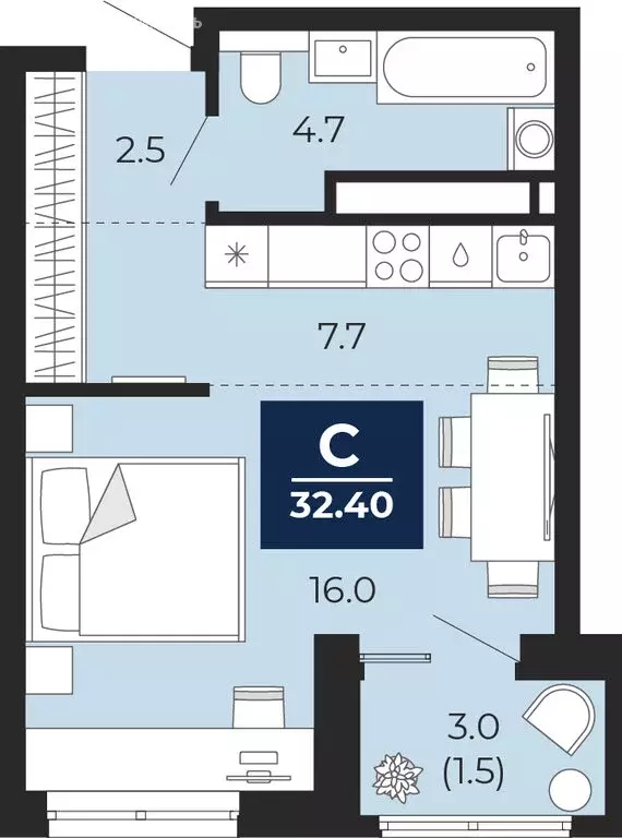 Квартира-студия: Тюмень, проезд Капитана Куликова, 3 (33.9 м) - Фото 1