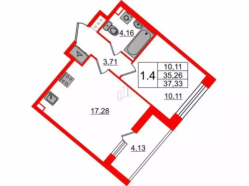 1-комнатная квартира: Санкт-Петербург, Октябрьская набережная (35.26 ... - Фото 0