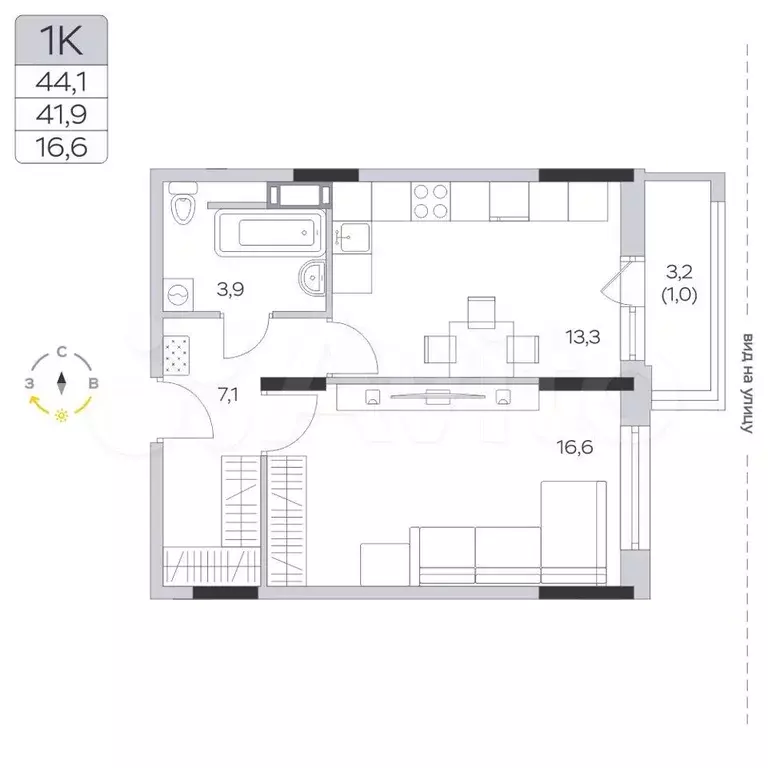 1-к. квартира, 41,9 м, 2/9 эт. - Фото 0