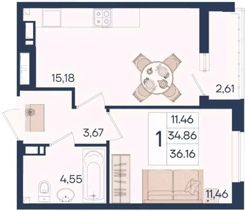 1-к кв. Краснодарский край, Краснодар  (36.16 м) - Фото 0