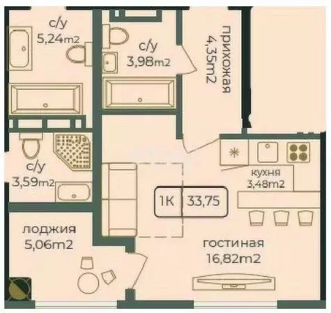 1-к кв. Дагестан, Каспийск просп. Акулиничева (33.75 м) - Фото 0