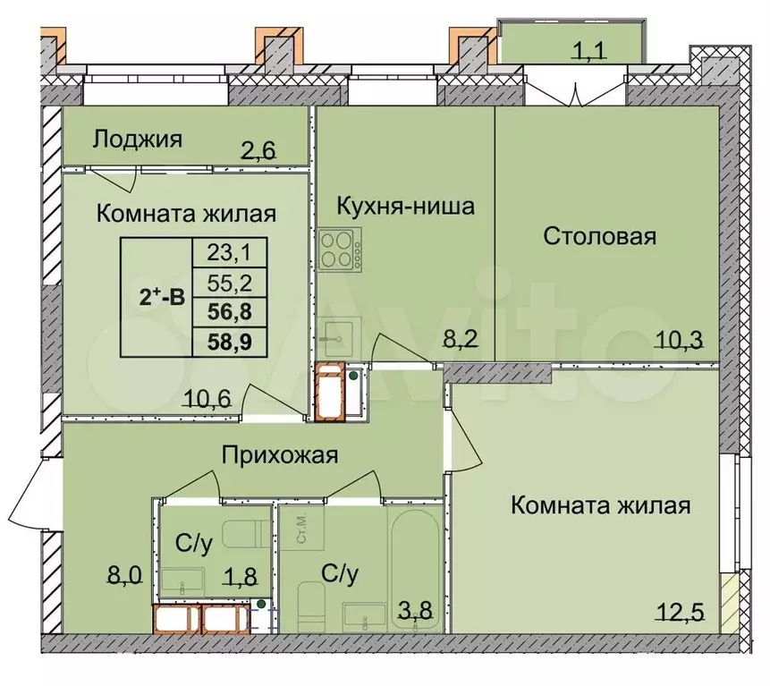 2-к. квартира, 56,8 м, 4/18 эт. - Фото 0