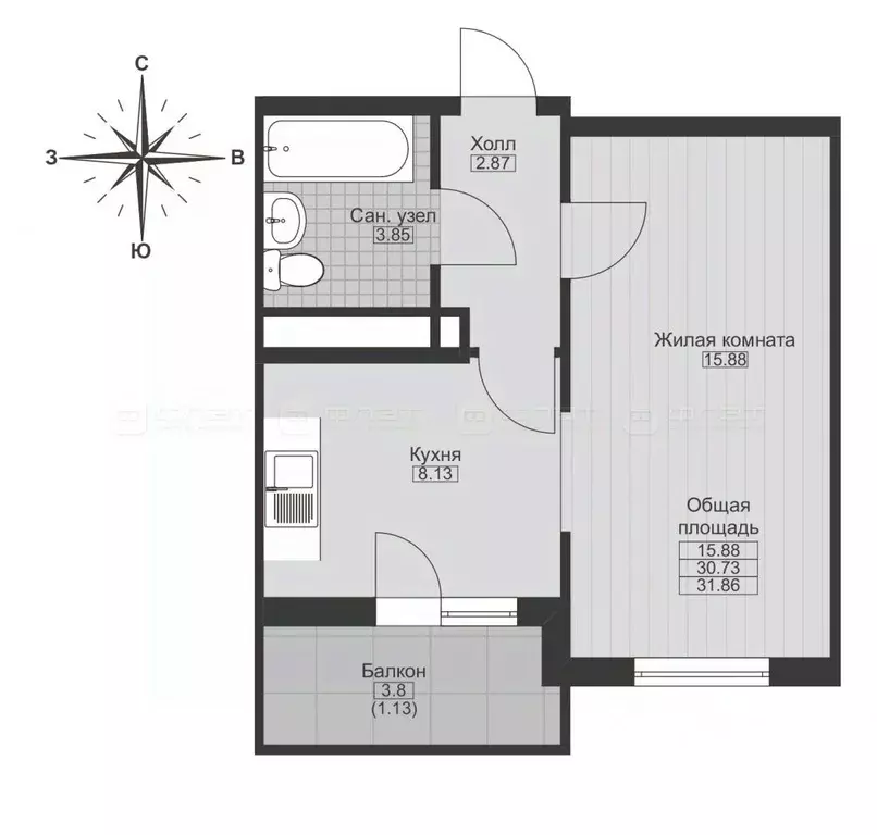 1-к кв. Татарстан, Казань ул. Александра Курынова, 11к1 (33.0 м) - Фото 1