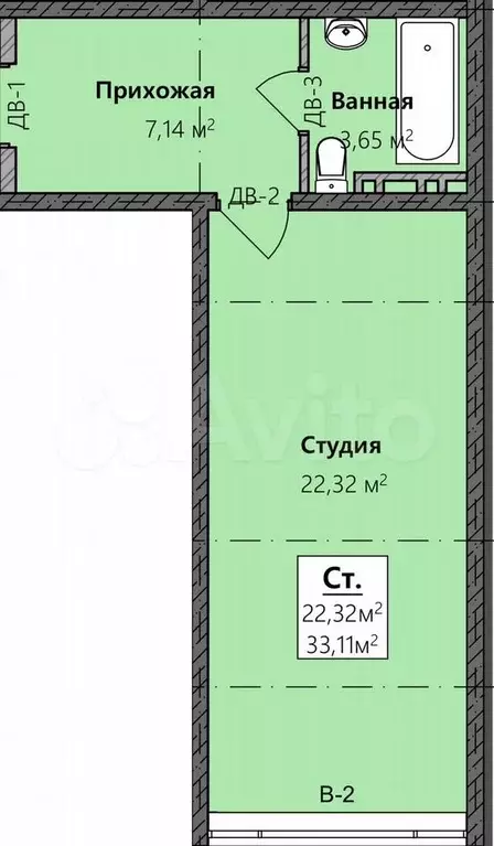 Квартира-студия, 33,1 м, 4/8 эт. - Фото 1