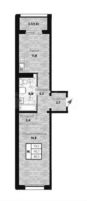 1-к. квартира, 48,5 м, 22/25 эт. - Фото 0
