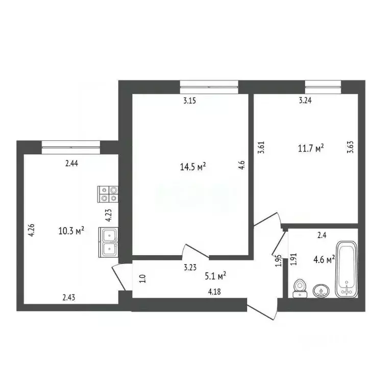 2-к кв. Тамбовская область, Тамбов ул. Рылеева, 69 (46.2 м) - Фото 2