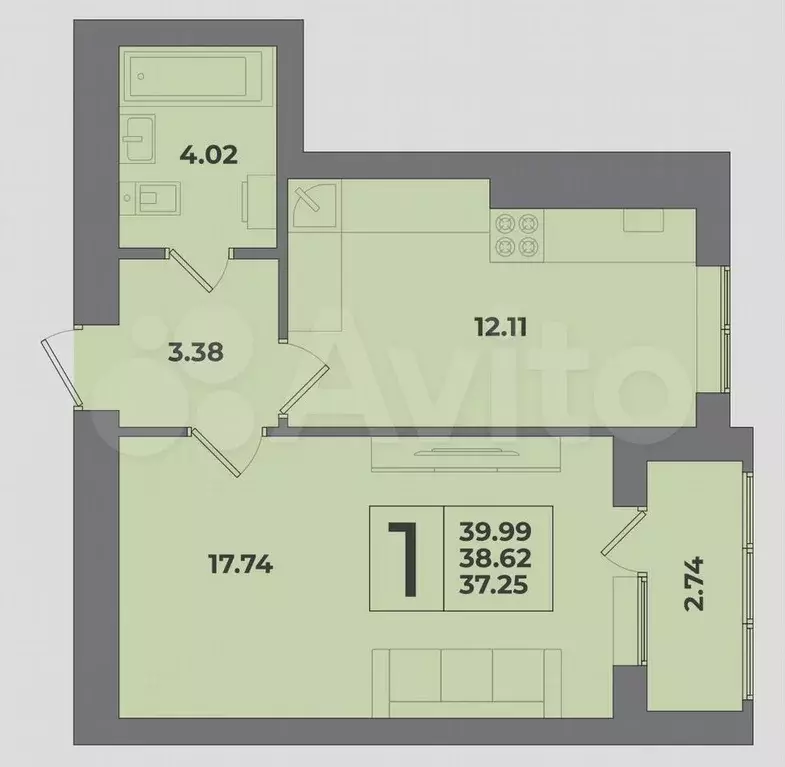 1-к. квартира, 40 м, 6/9 эт. - Фото 1