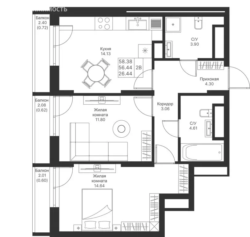 2-комнатная квартира: Казань, ЖК Мой Ритм (58.38 м) - Фото 1