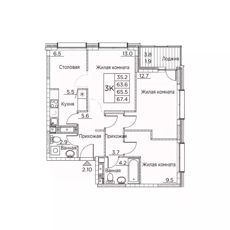 3-к кв. Приморский край, Владивосток ул. Расула Гамзатова, 7к3 (67.4 ... - Фото 1