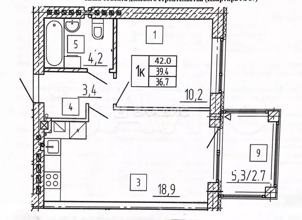 1-к. квартира, 39,4 м, 4/4 эт. - Фото 0