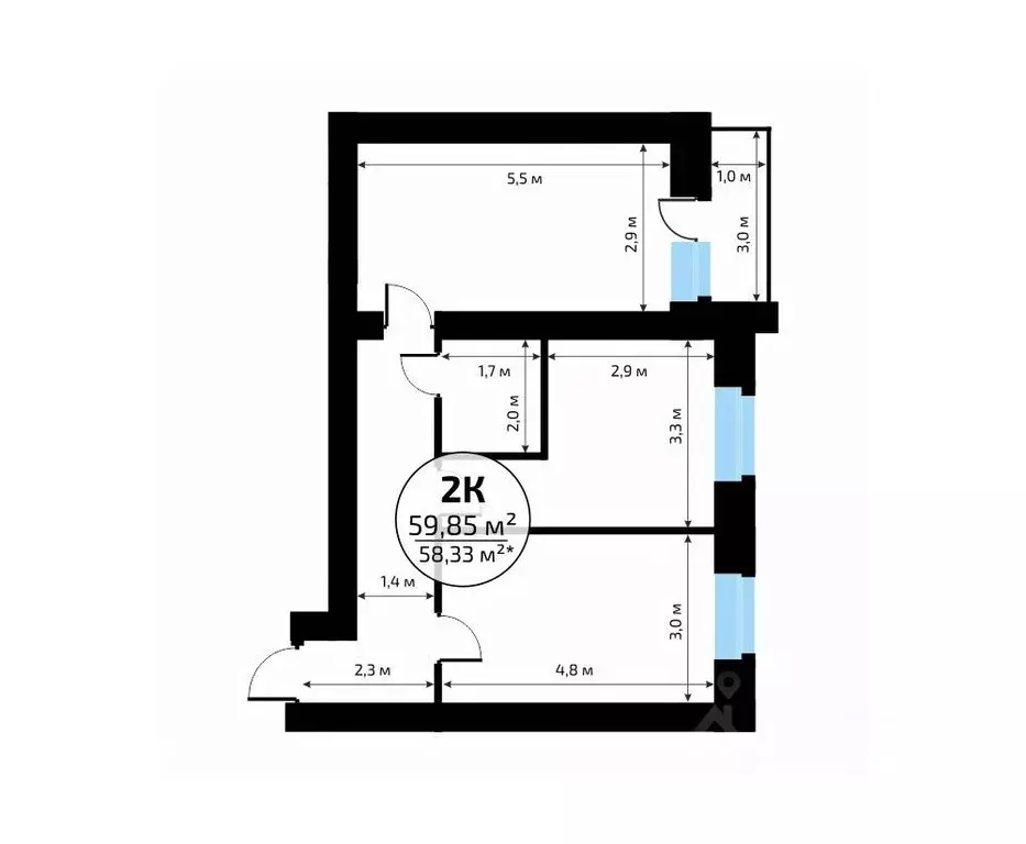 2-к кв. Самарская область, Самара пос. Мехзавод, 1-й кв-л, 50 (59.85 ... - Фото 2