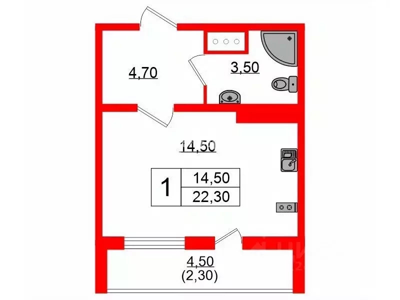 Студия Санкт-Петербург ул. Чарушинская, 24к1 (22.3 м) - Фото 1