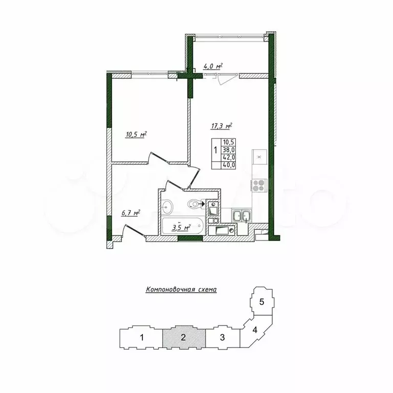 1-к. квартира, 40 м, 5/19 эт. - Фото 0