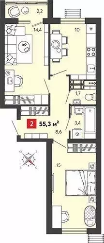 Квартира, 2 комнаты, 55.3 м - Фото 1