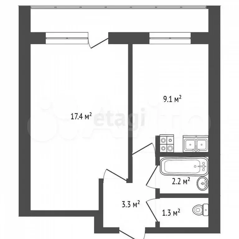 1-к. квартира, 33,3 м, 6/9 эт. - Фото 0