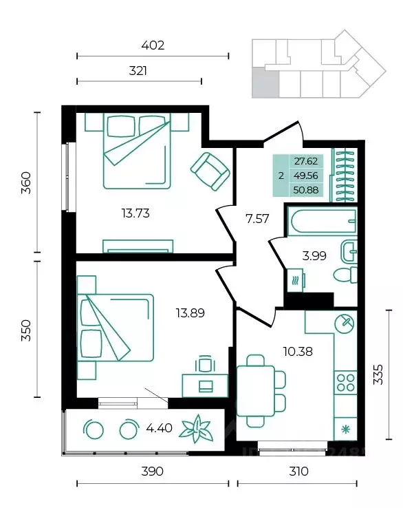 2-к кв. Адыгея, Майкопский район, пос. Тульский  (50.88 м) - Фото 1