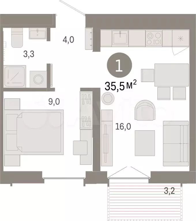 1-к. квартира, 35,5 м, 7/16 эт. - Фото 1