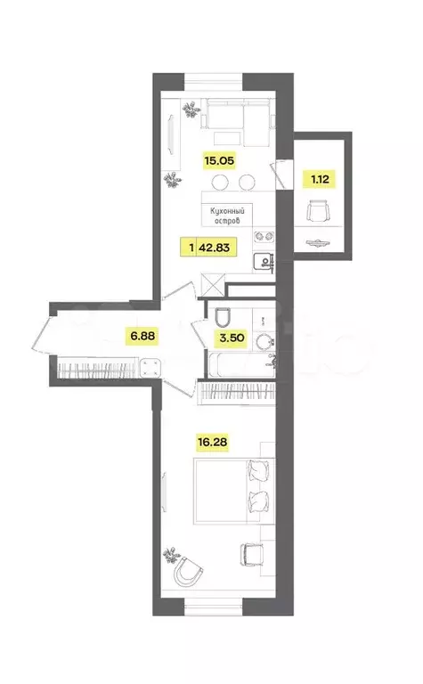 2-к. квартира, 42,8 м, 7/9 эт. - Фото 0