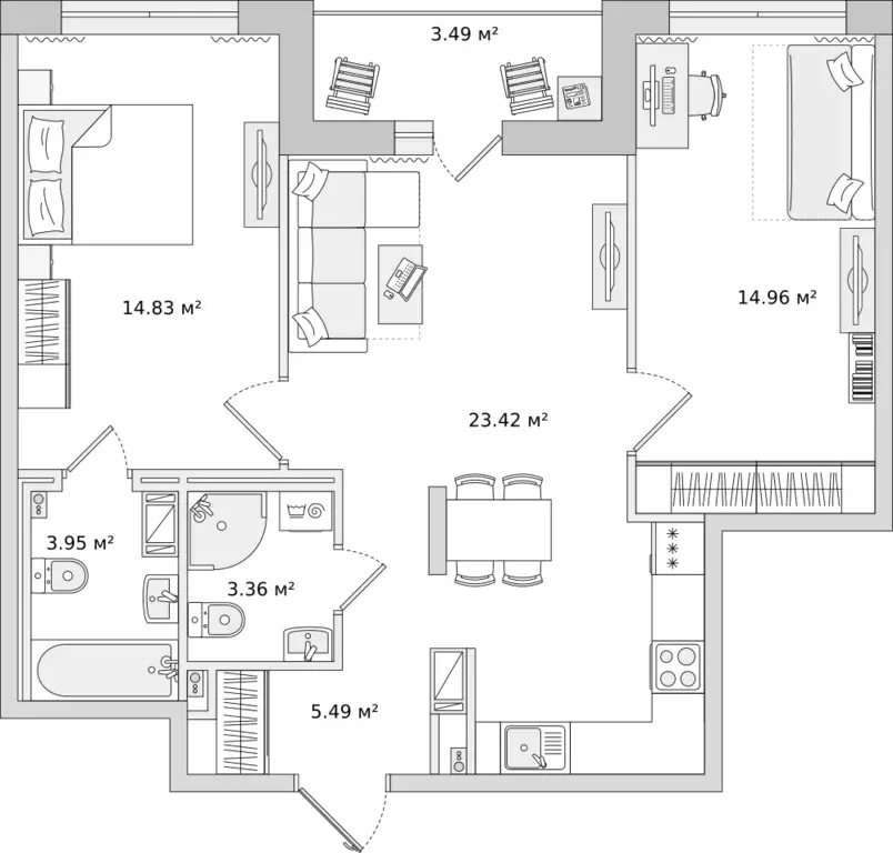 2-к квартира, 69.5 м - Фото 0