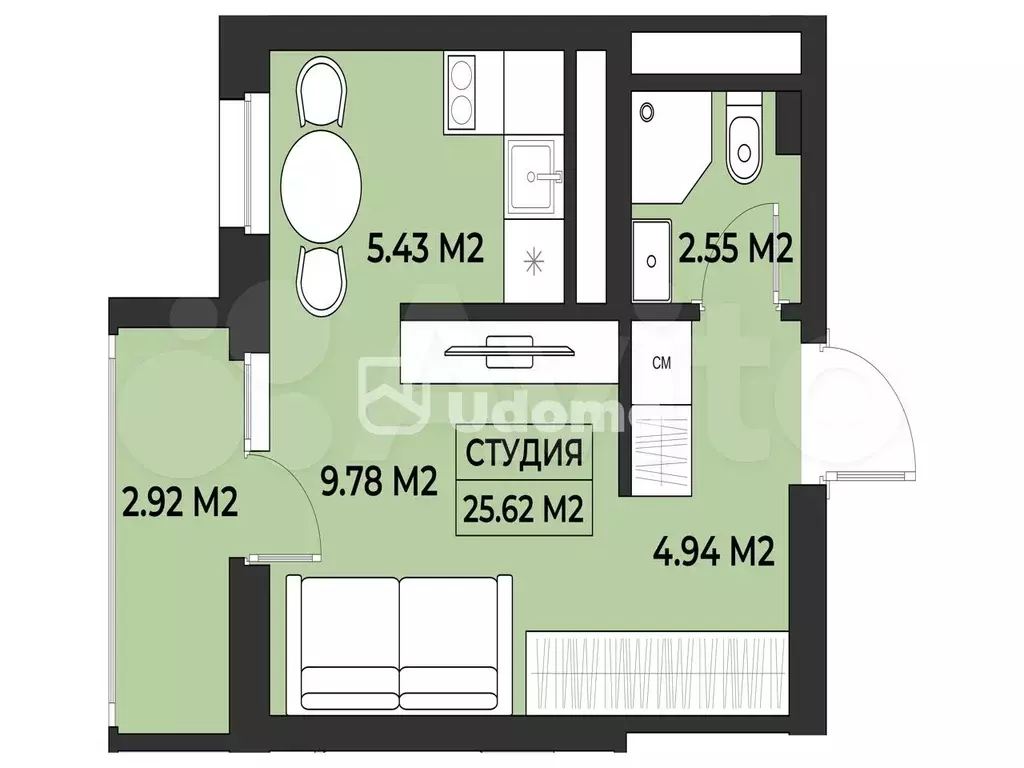 Квартира-студия, 26 м, 2/19 эт. - Фото 1