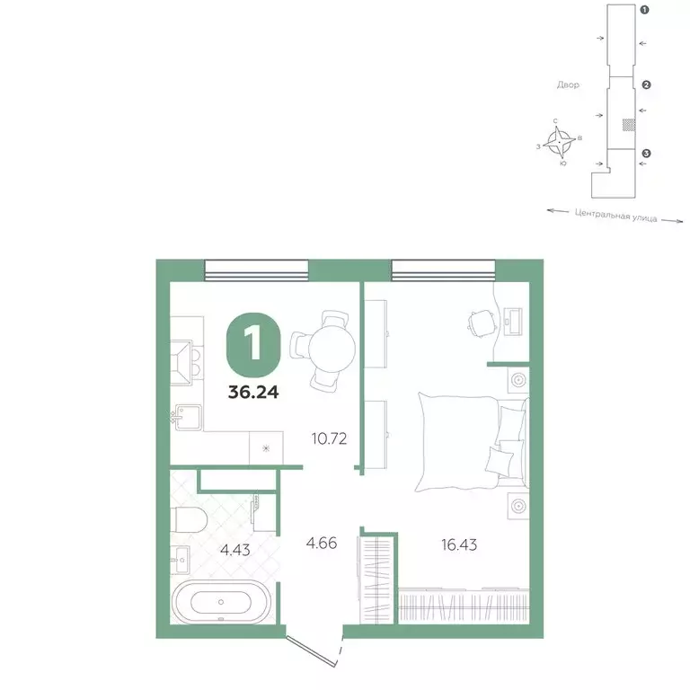 1-комнатная квартира: Горьковка, жилой комплекс Крылья (36.24 м) - Фото 1