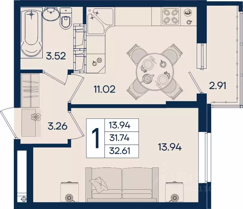 1-к кв. Краснодарский край, Краснодар  (32.61 м) - Фото 0