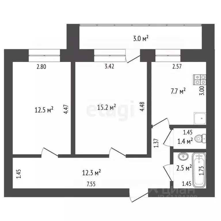 2-к кв. Мордовия, Саранск Республиканская ул., 143А (52.0 м) - Фото 2