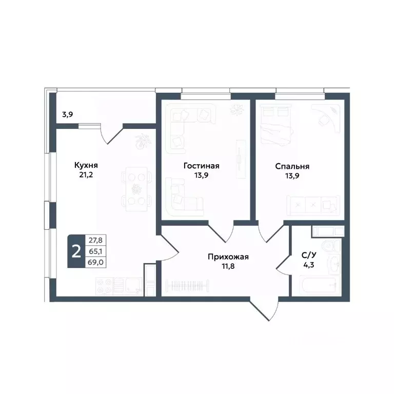2-к кв. Ставропольский край, Ставрополь ул. Андрея Голуба, 11Б (69.0 ... - Фото 1