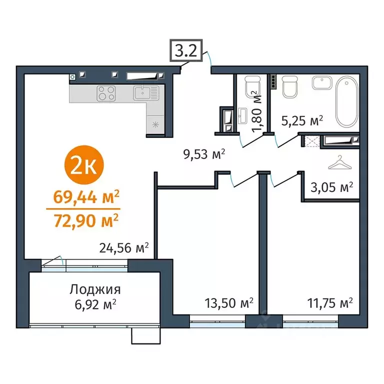 2-к кв. Тюменская область, Тюмень ул. Краснооктябрьская, 12 (69.44 м) - Фото 0