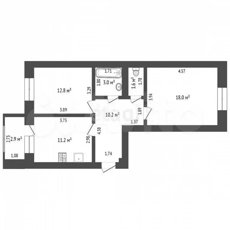 2-к. квартира, 56,9 м, 2/5 эт. - Фото 0