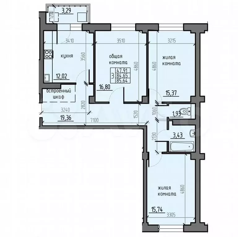 3-к. квартира, 85,6м, 8/9эт. - Фото 0