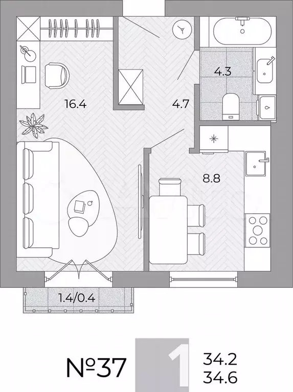 1-к. квартира, 34,6 м, 2/4 эт. - Фото 0