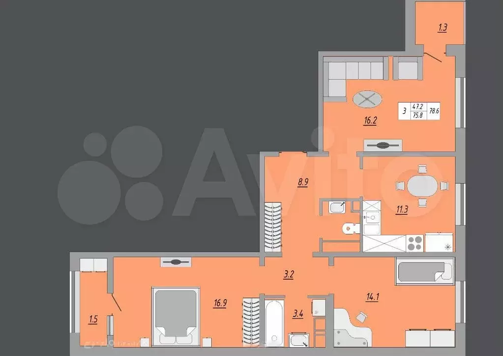 3-к. квартира, 80 м, 14/24 эт. - Фото 0