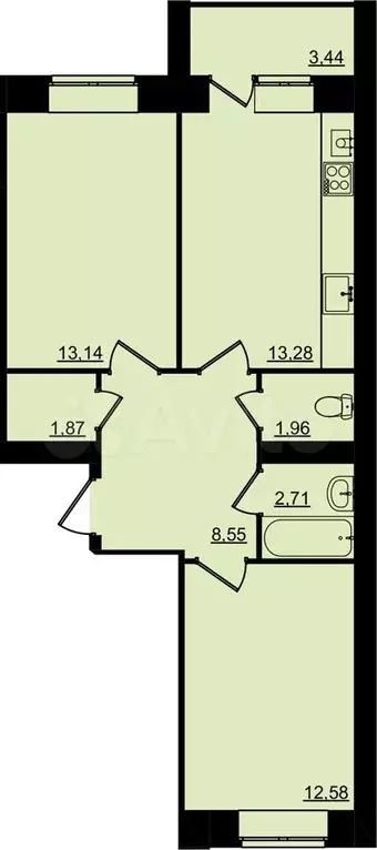 2-к. квартира, 55,8 м, 2/4 эт. - Фото 0