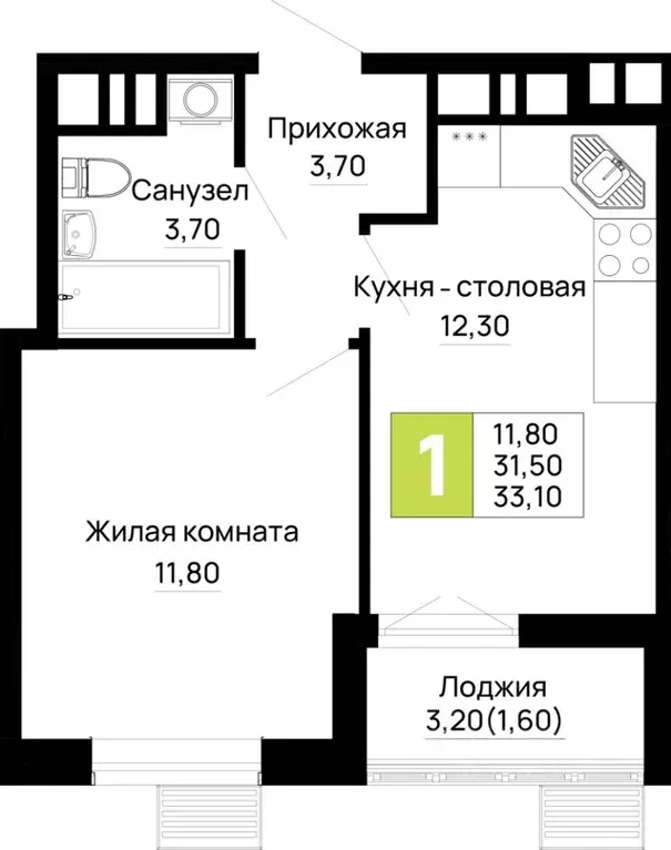 1-к кв. Адыгея, Тахтамукайский район, Яблоновский пгт  (33.1 м) - Фото 1