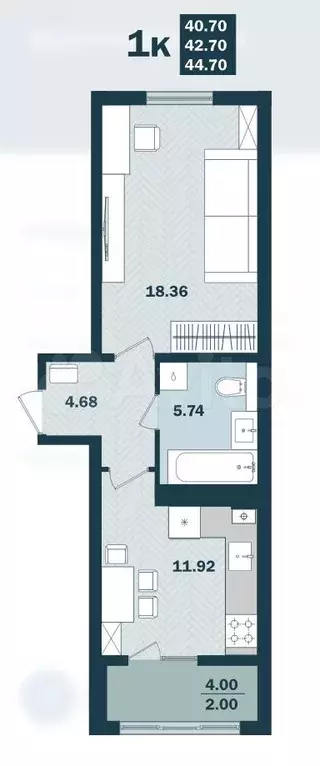 1-к. квартира, 44,7 м, 6/8 эт. - Фото 0