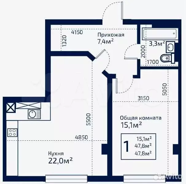 1-к. квартира, 47,8 м, 4/9 эт. - Фото 0