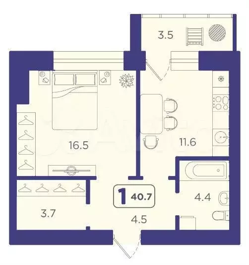 1-к. квартира, 40,7 м, 13/14 эт. - Фото 1