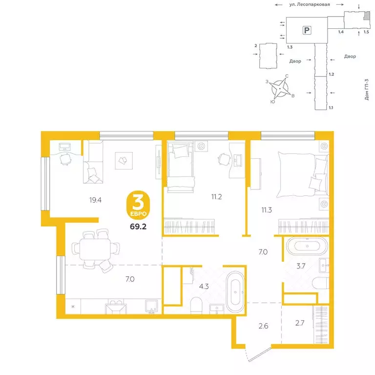 3-комнатная квартира: Тюмень, Лесопарковая улица, 22 (69.2 м) - Фото 1