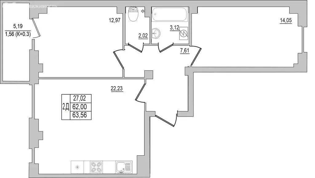 2-комнатная квартира: Псков, улица Юности, 32 (63.56 м) - Фото 0