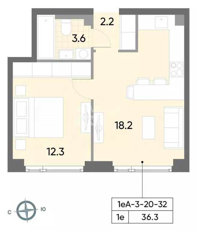 1-комнатная квартира: Москва, жилой комплекс Вэйв, 1 (36.4 м) - Фото 0