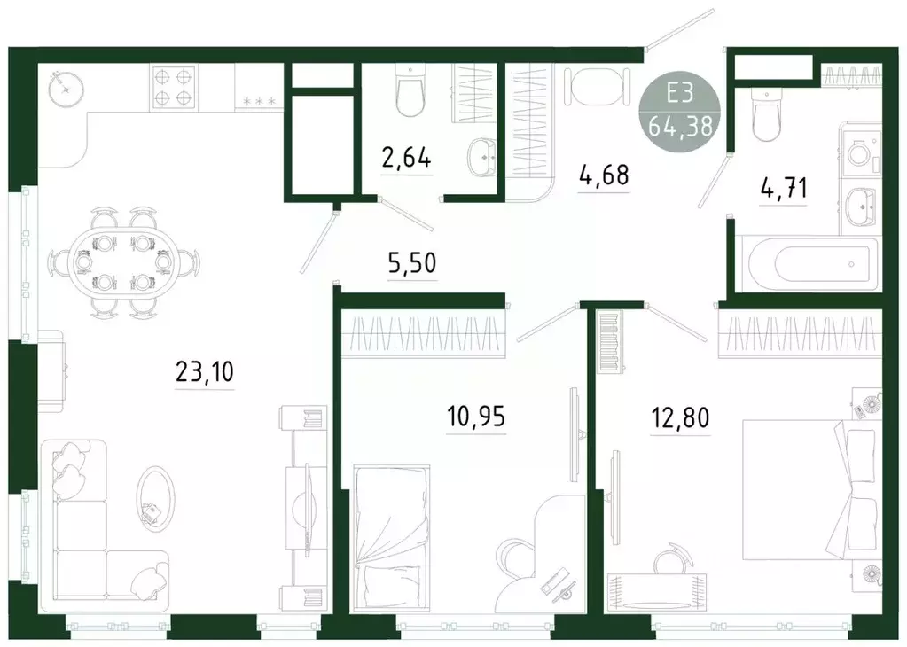 2-к кв. Тульская область, Тула Платон Парк жилой комплекс (64.38 м) - Фото 1