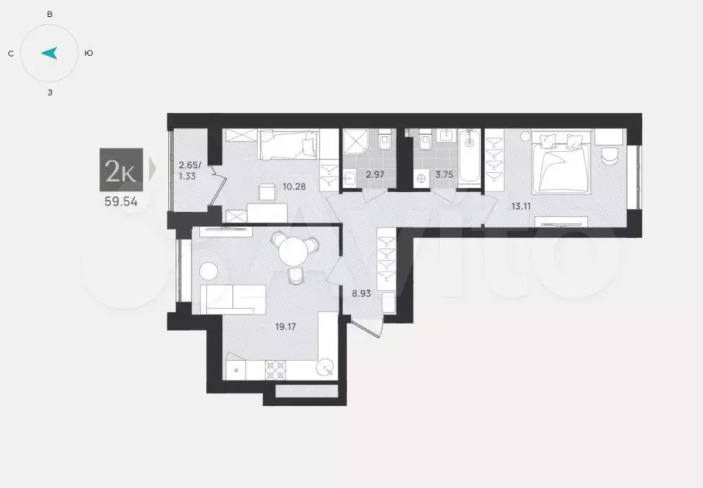 2-к. квартира, 59,5 м, 6/9 эт. - Фото 1