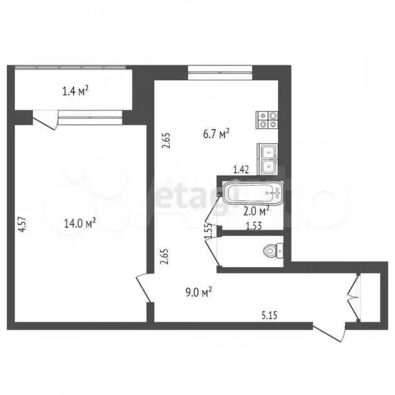 1-к. квартира, 32,7 м, 6/9 эт. - Фото 0