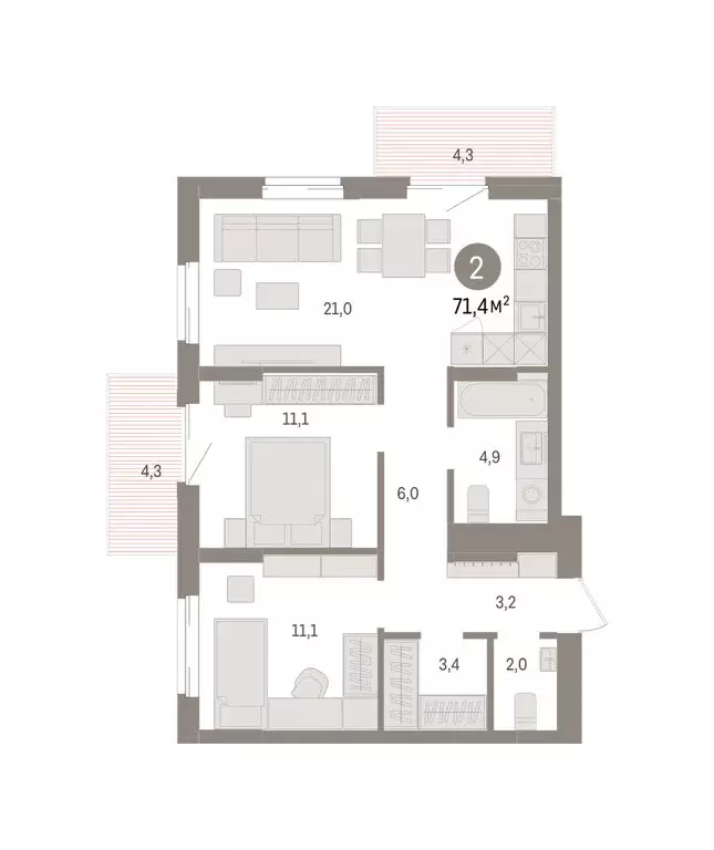 2-комнатная квартира: Омск, ЖК Кварталы Драверта (71.37 м) - Фото 2