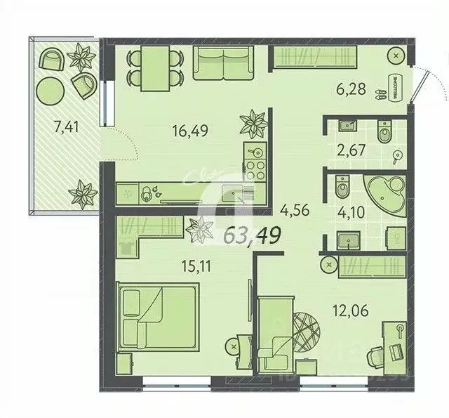 Квартира, 2 комнаты, 63.5 м - Фото 0