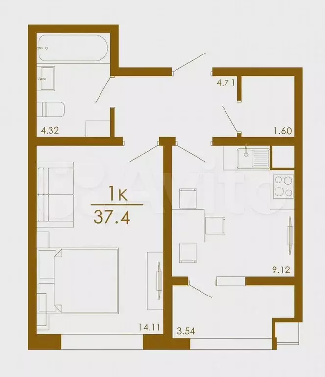1-к. квартира, 37,4 м, 6/13 эт. - Фото 0