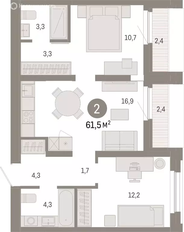 2-комнатная квартира: Тюмень, Мысовская улица, 26к2 (61.53 м) - Фото 1