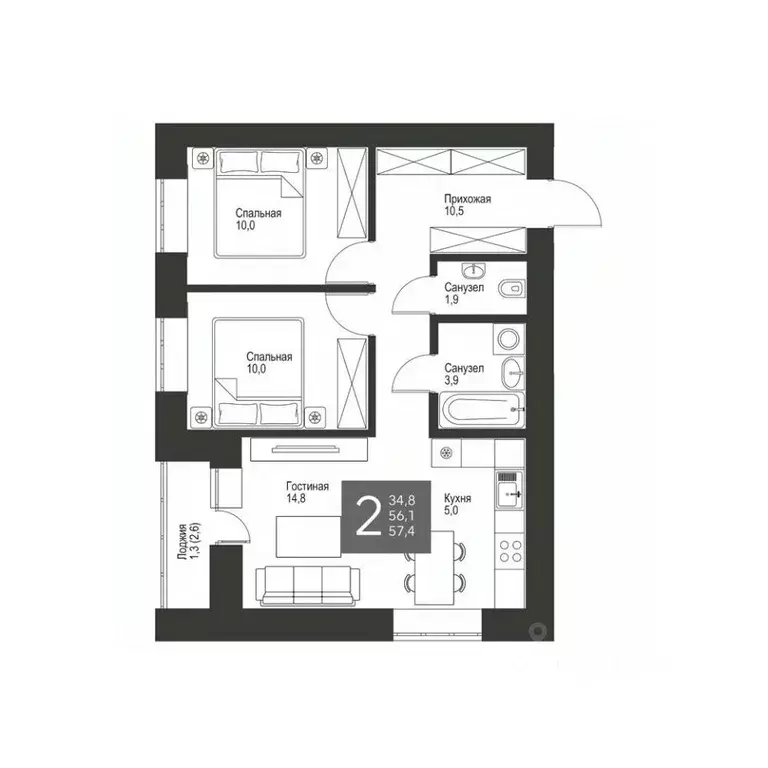 2-к кв. Татарстан, Альметьевск ул. Гафиатуллина, 62 (57.4 м) - Фото 0