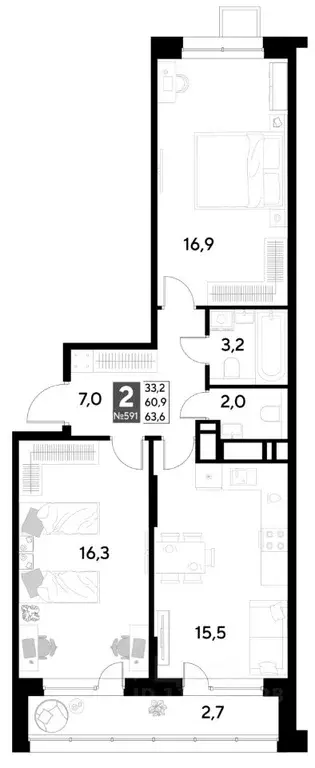 2-к кв. Омская область, Омск Снегири жилрайон,  (63.6 м) - Фото 0